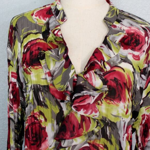 Sheer Long Sleeve Floral Blouse with Pleated and Ruffled Design Size L - Picture 2 of 9